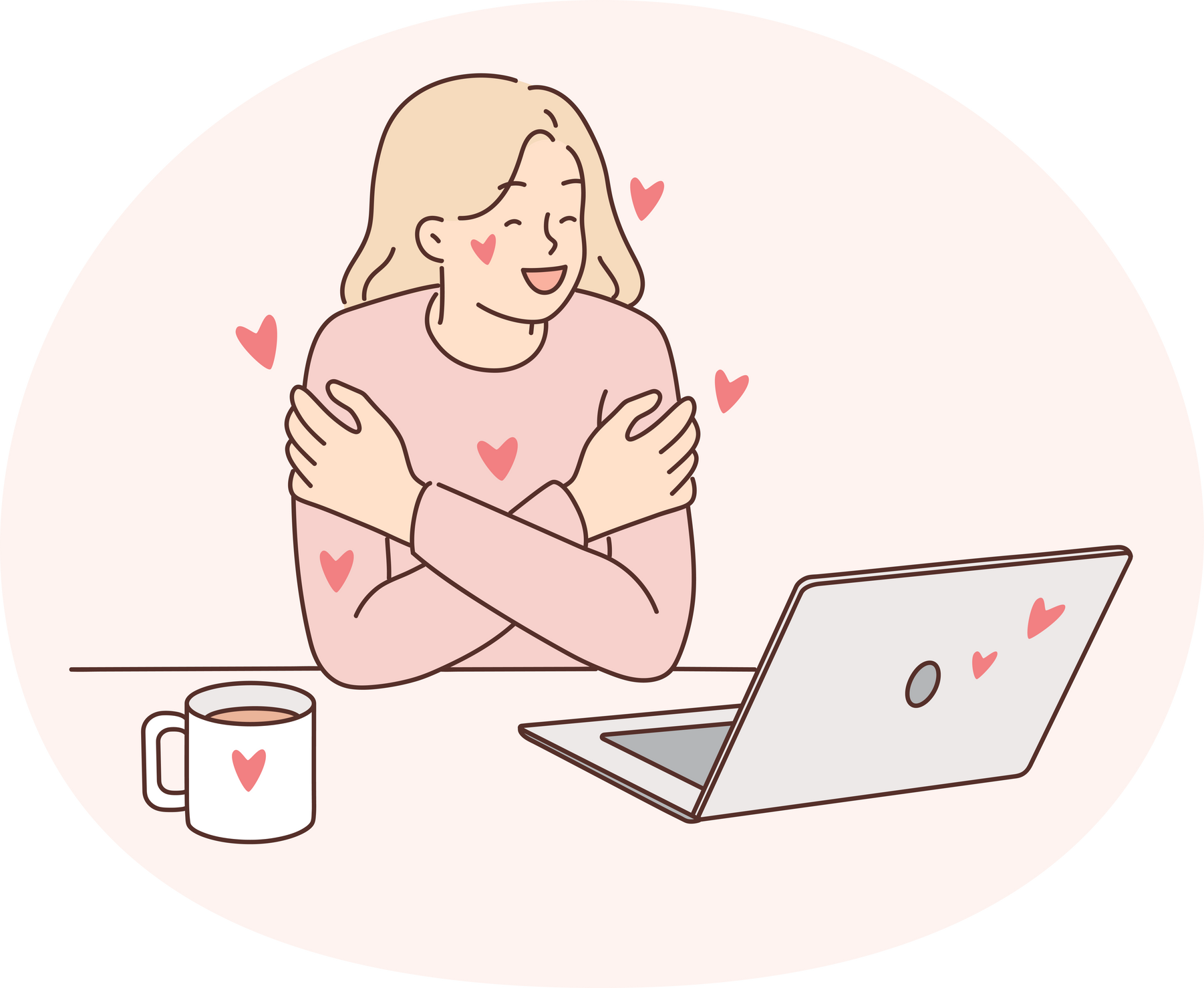 Woman exchanging romantic messages in laptops hugs herself rejoicing at received congratulations on valentine day. Girl who read romantic compliments in online correspondence smiles